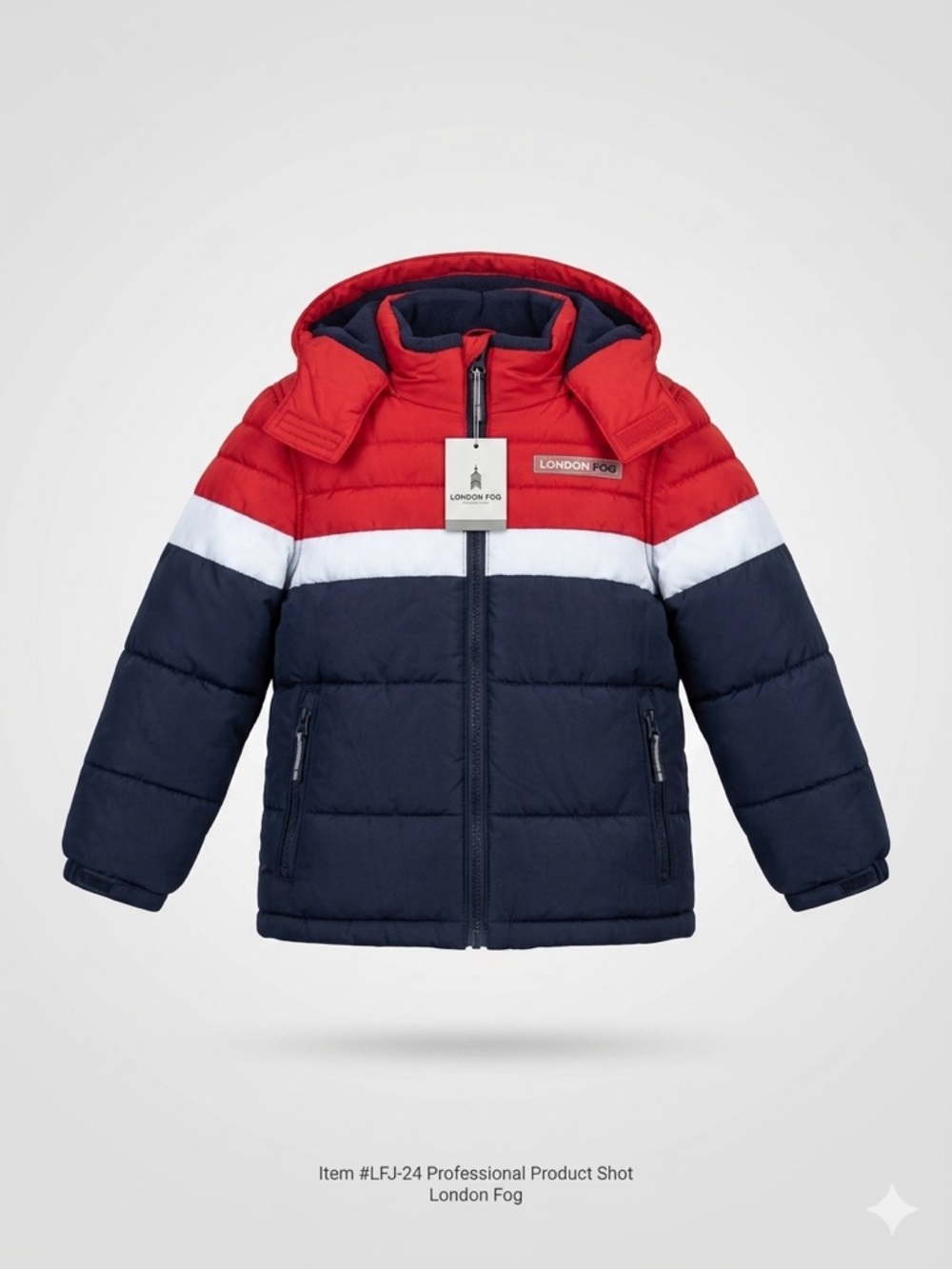 London Fog Colorblock Hooded Puffer Jacket in Red, White & Navy
